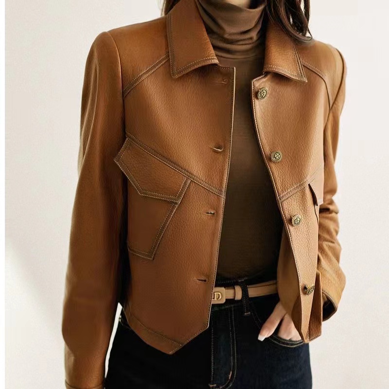 2024 abrigo de mujer Otoño/Invierno explosiones chaqueta de cuero PU nuevas señoras estilo occidental corto Denim solapa prendas de vestir moda tendencia Tops
