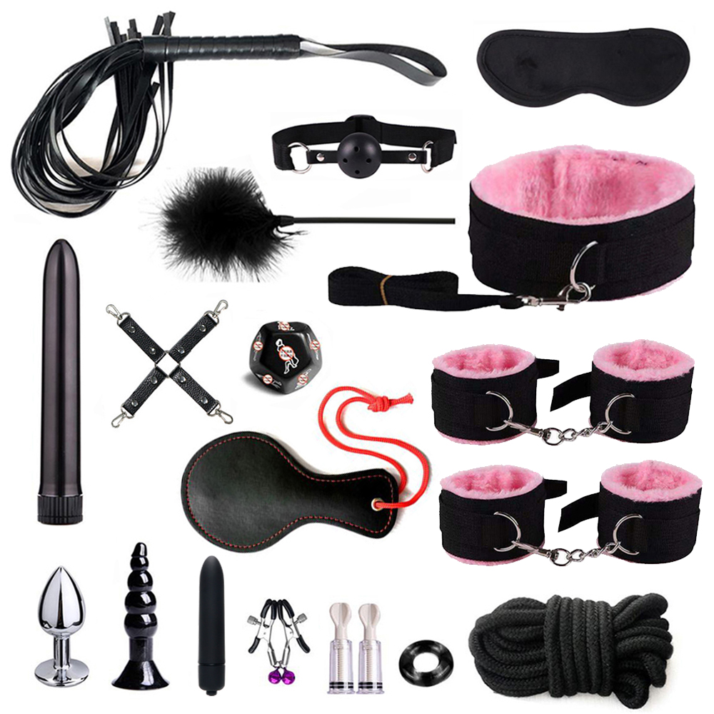 Fetish BDSM Bondage ของเล่นเร้าอารมณ์ Restraint ชุดของเล่นสําหรับผู้หญิง Handcuffs Whip Binding Anal Plug Vibrator คู่เซ็กซี่เครื่องมือ 18