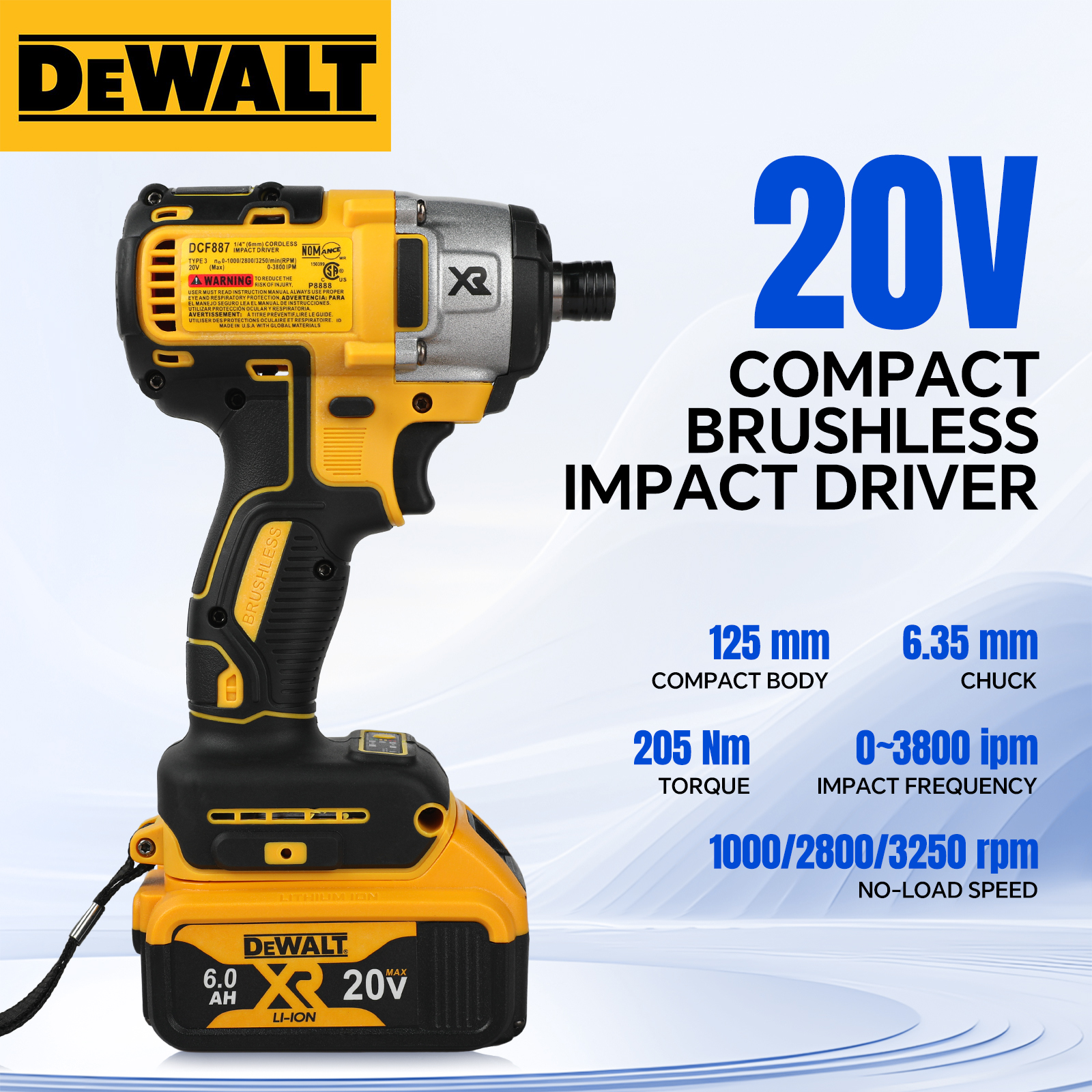 DEWALT DCF887 20V Kompakter Schlagschrauber 205Nm Drehmoment 0-3800ipm 3250rpm Schnellwechsel-Bohrfutter Positiv/Negativ-Schalter für Bauarbeiten