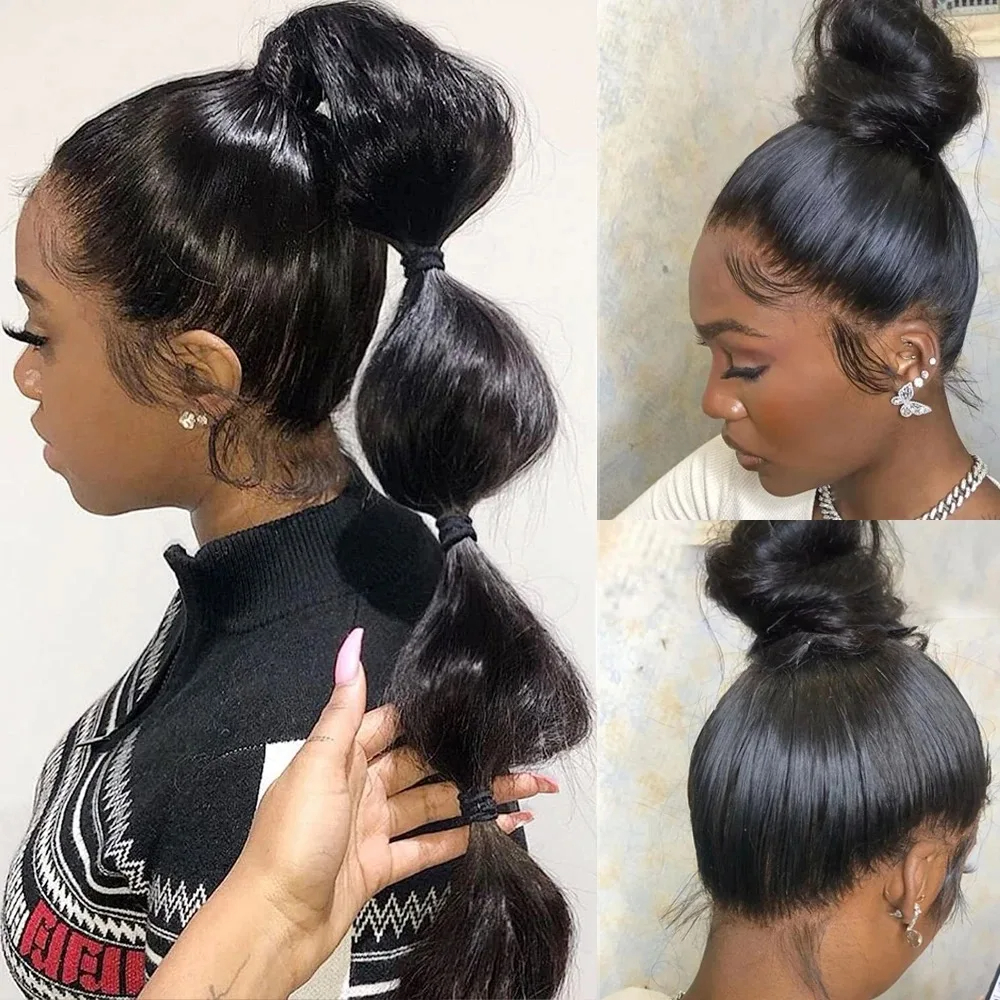 Peruca de Cabelo Humano 360 Full Lace com Densidade 250, Pré-Alongada, Cabelo Virgem Brasileiro Liso Natural, 100% Linha Capilar Natural