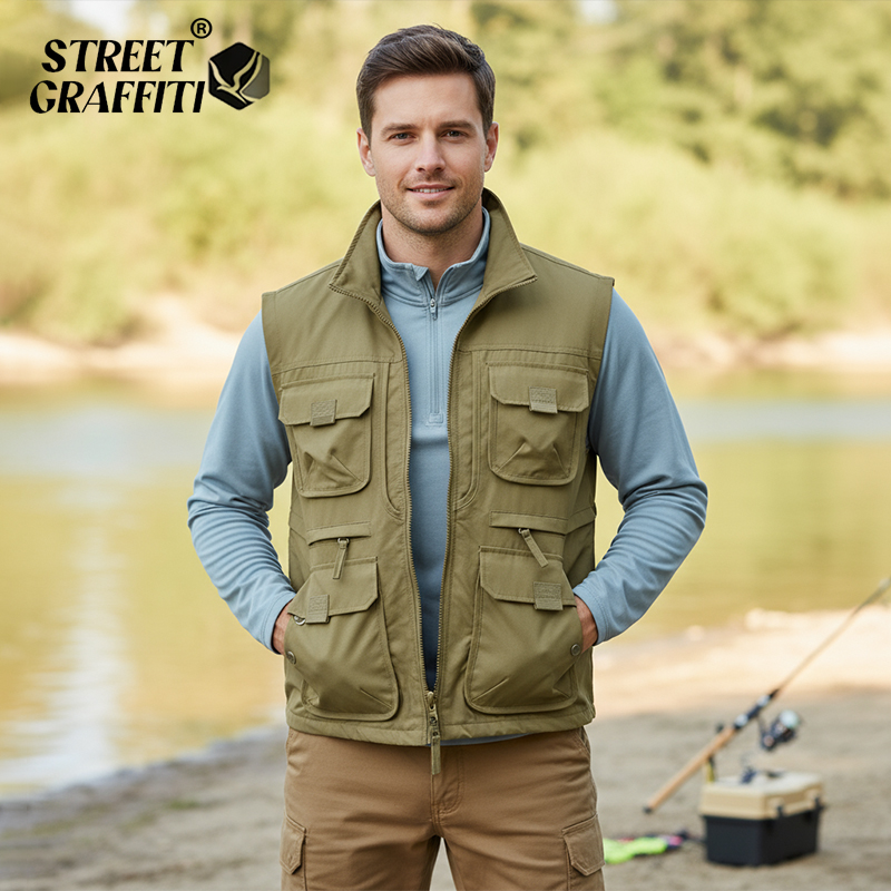 2025 hommes outillage de plein air multi-poches décontracté pêche en plein air grande taille gilet avec col Vertical respirant gilet à séchage rapide