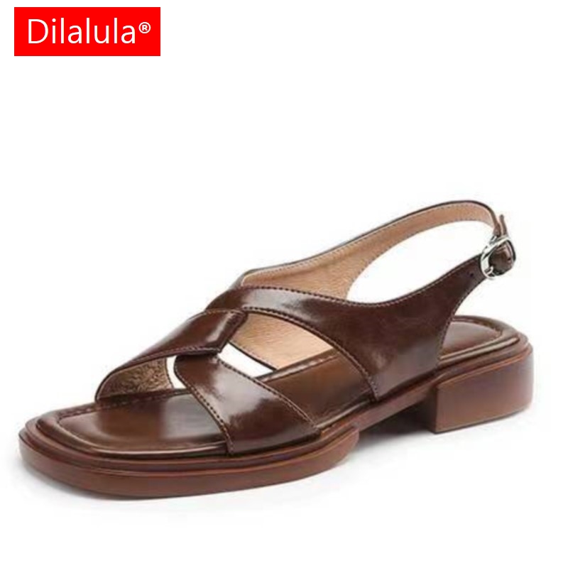 Dilalula 2025 Genuine Leather Sandals Women Low Thick Heels Cross Band Comfortable Rome Style Sandals Female Daily Summer Shoes