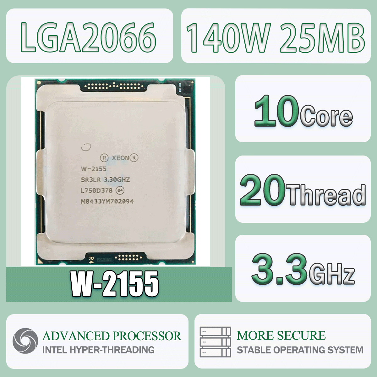 Intel Xeon W-2155 10 rdzeniowy 20 wątkowy 3,3 GHz 140 W 25 MB pamięci podręcznej 14 nm Skylake-SP DDR4-2666 MHz SR3LR LGA 2066