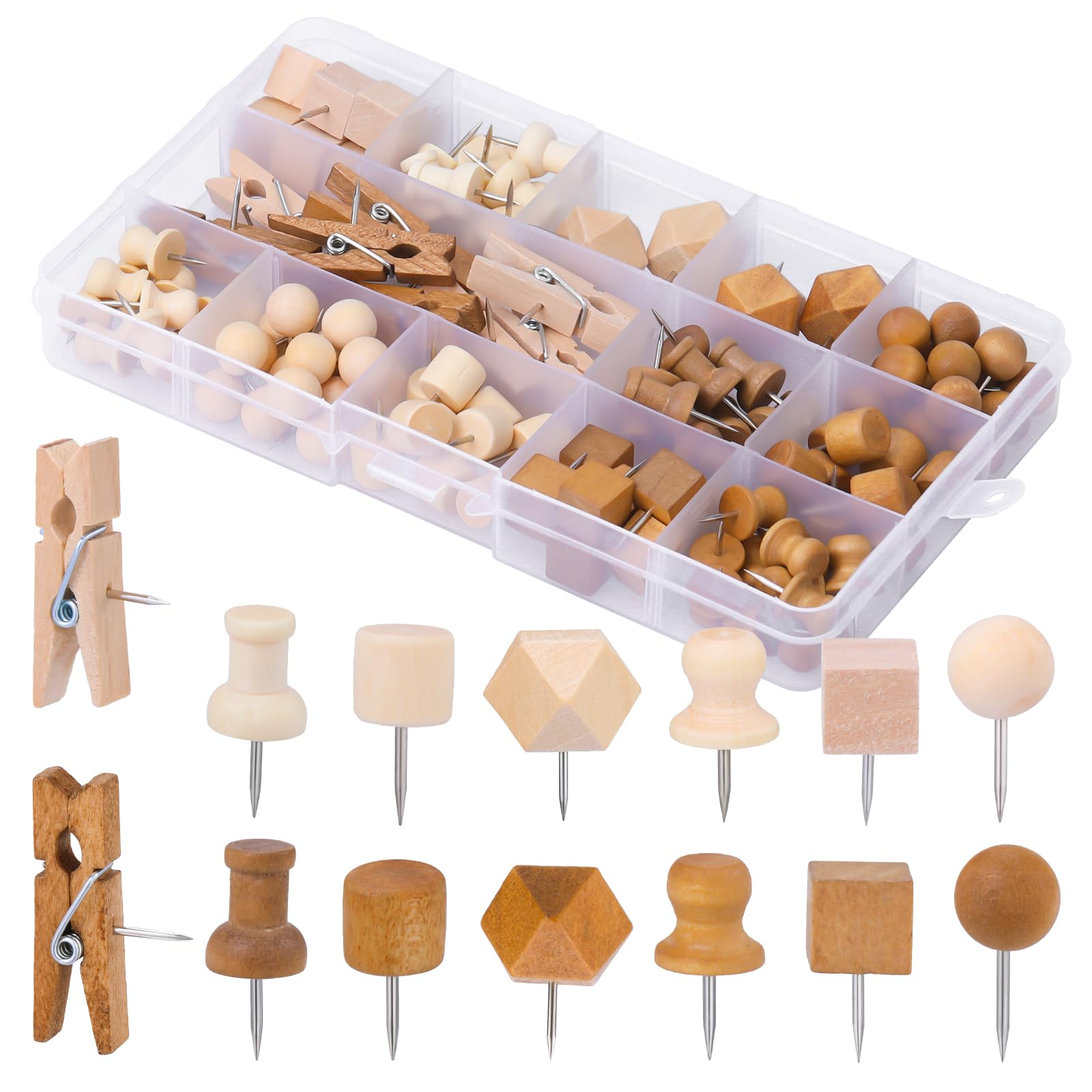 Fniiva 118 Stuks 7 Stijl Houten Push Pin Decoratieve Duimspijker voor Kurk Boord Foto Document Tekening Kantoor Klas Thuis Craft