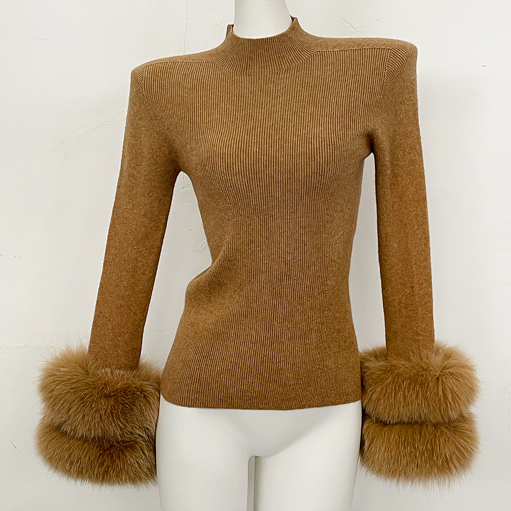 Damen-Cardigan mit Echtfuchs-Pelzmanschetten, Schlanke Passform, Halbrollkragen-Oberteil, Damenpullover mit Echtem Fuchspelz, Warm