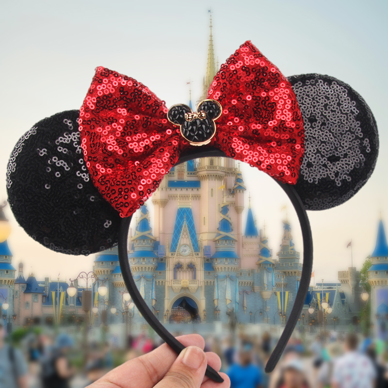 Diadema con orejas de ratón de lentejuelas del Castillo de Disney 2026, diadema con lazo de lentejuelas para niñas, accesorios para el cabello DIY para fiestas y festivales