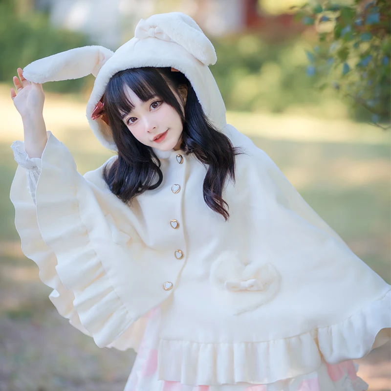 Jesienno-zimowa Kawaii Lolita wełniana narzutka damska słodka kokarda króliczek uszy guziki w kształcie serca pluszowa ciepłe ponczo odzież wierzchnia