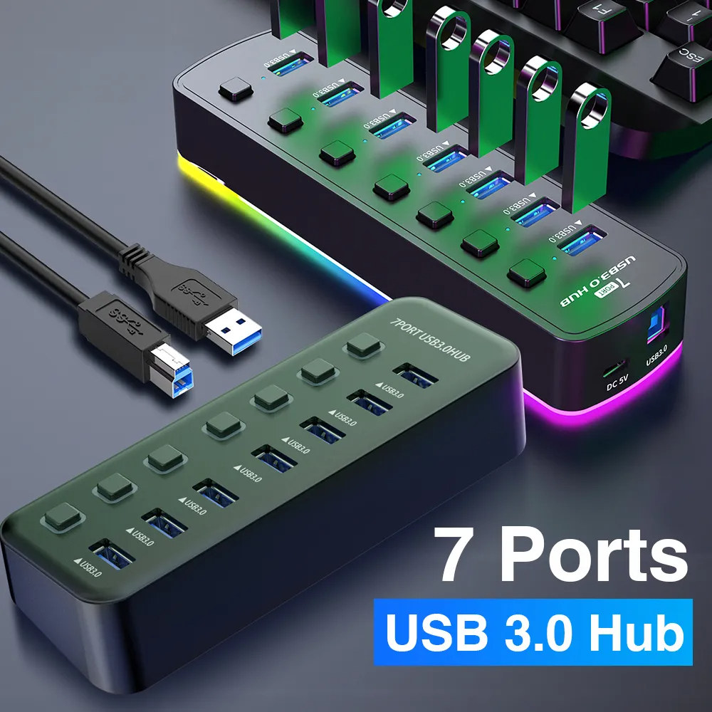Airies USB 3.0 avec 4 et 7 Ports, Adaptateur de Port de Données 5Gbps, Haute Vitesse, Mathiateur Individuel On/Off, Extension USB 3.0