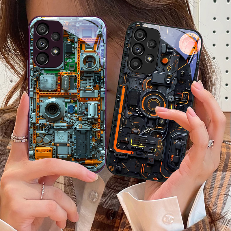 Casing ponsel perangkat mekanis hitam, casing ponsel kaca Tempered untuk Samsung Galaxy S10 4G S20 11E 30 S21 22 S24 Fe Pro S23 S25 Ultra 5G S9