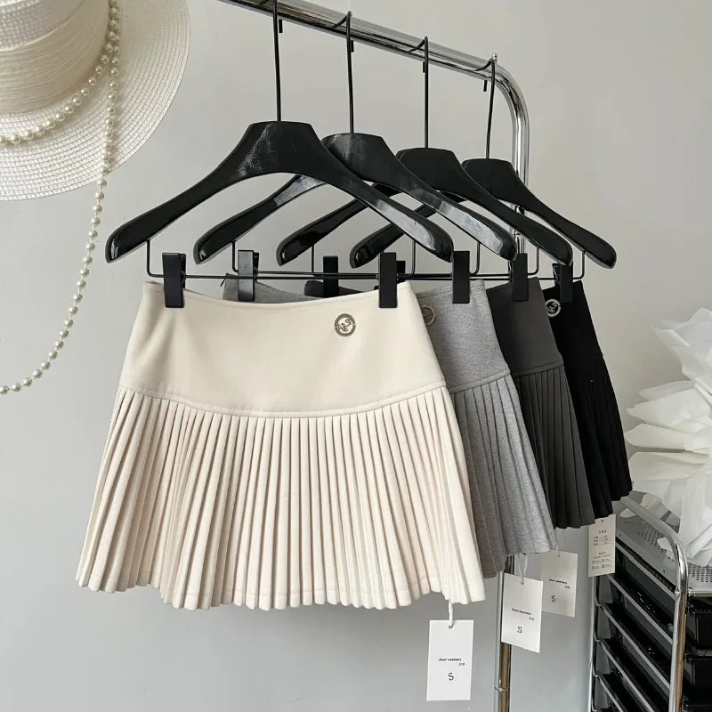 Rok lipit wol untuk wanita, rok Mini pinggang tinggi model A-line lurus gaya Korea Amerika musim gugur dan musim dingin, rok pendek lipit wol untuk wanita
