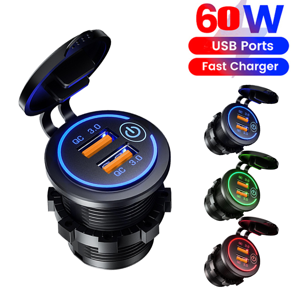 Soket pengisi daya mobil QC 3.0 ganda 12/24V antiair untuk mobil motor perahu pengisian cepat