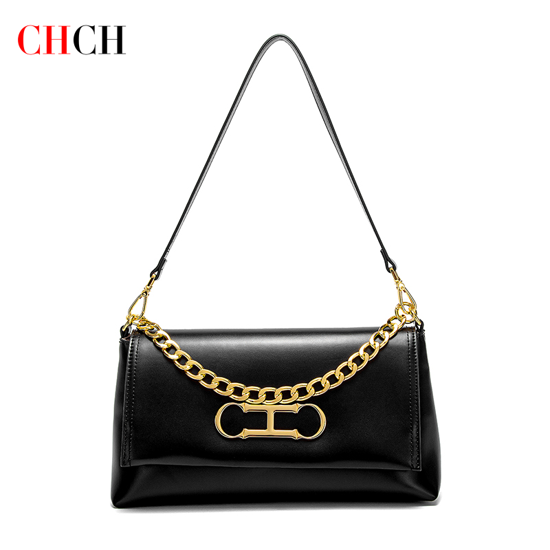 CHCH กระเป๋าถือสตรีใหม่สีดําออกแบบขั้นต่ํา Commuter Magnetic Flip up Stick Bag