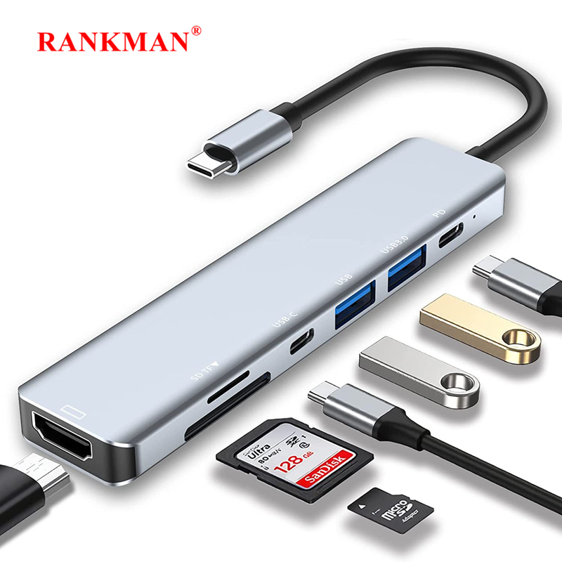 Hub USB C a HDMI 4K, Lector de Tarjetas SD y TF, USB 3.0 y 2.0, Base de Carga Tipo C para MacBook, iPad, Samsung S22, Dex, TV, Ratón