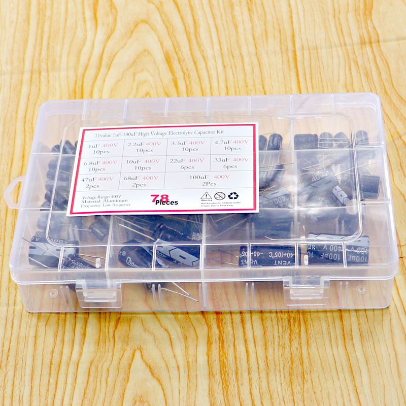 78pcs 11Value 400V High Voltage Aluminum Electrolytic Capacitor Mixed Box Kit 1UF 2.2UF3.3UF4.7UF6.8UF10UF22UF33UF47UF68UF100UF