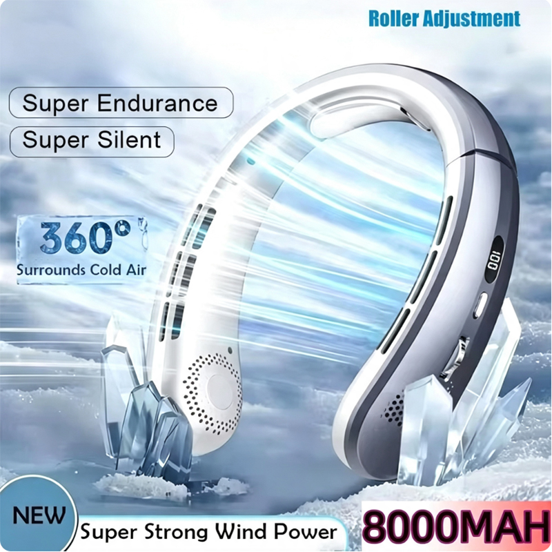 8000mAh พัดลมแขวนคอแบบพกพาไร้ใบพัด USB ชาร์จได้ จอแสดงผลดิจิตอล LED แบบเงียบ เครื่องทำความเย็นแบบแฮนด์ฟรี พัดลมสำหรับใช้ในบ้านและนอกบ้าน
