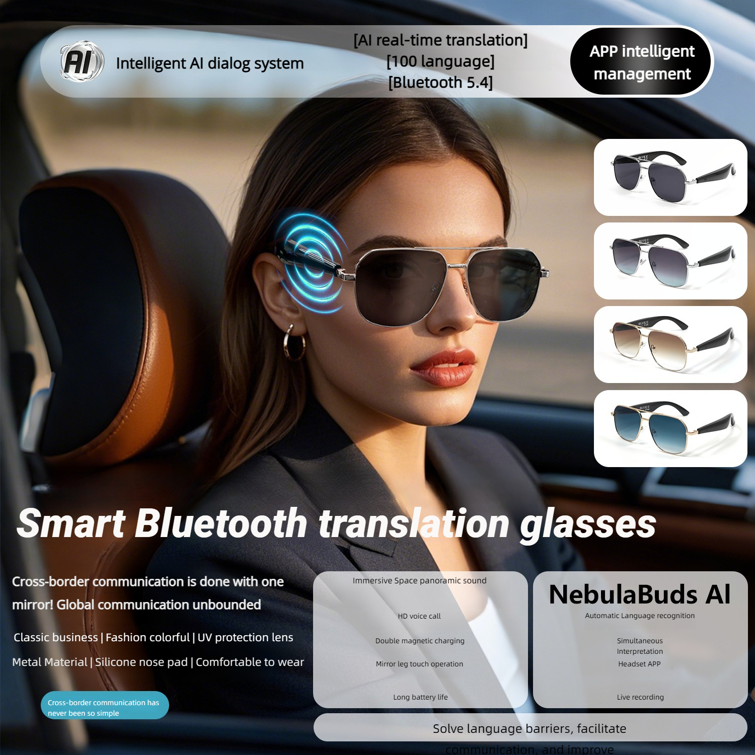 Okulary przeciwsłoneczne korekcyjne do krótkowzroczności z Bluetooth CLLOIO AI, tłumaczenie w czasie rzeczywistym na ponad 100 języków, okulary progresywne do rozmów telefonicznych.