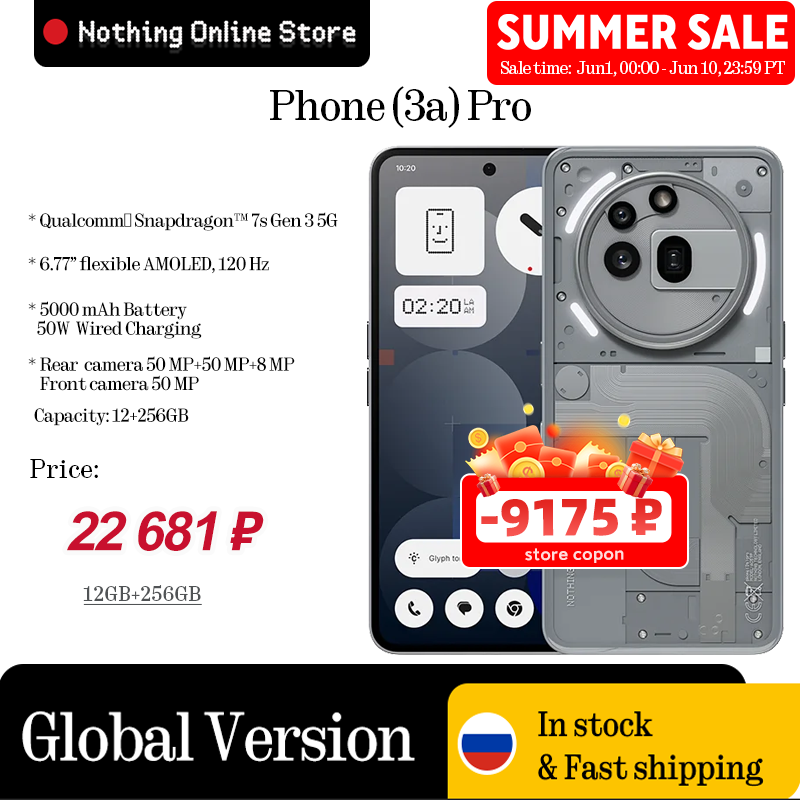 Nothing Phone (3a) Pro 6.77 AMOLED Bluetooth 5.4 Snapdragon 7s Gen 3 5G Основная камера 50 МП 12 ГБ 256 ГБ