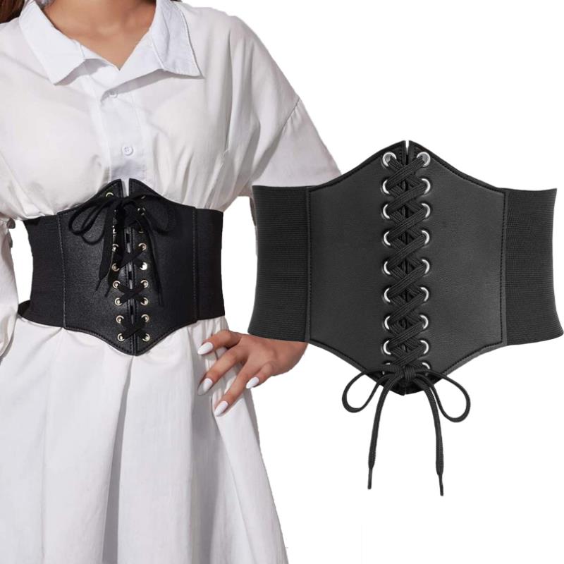 Cinturón de corsé para mujer, moda gótica de cuero PU, cinturones de corsé con cordones para mujer, corsé Vintage de cintura adelgazante, cinturón ancho negro para niña