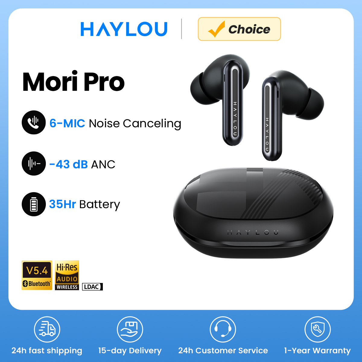 HAYLOU Mori Pro Bluetooth 5.4 écouteurs sans fil 43dB hybride adaptative ANC haute résolution LDAC écouteurs 6 micro casque 28H d'autonomie de la batterie