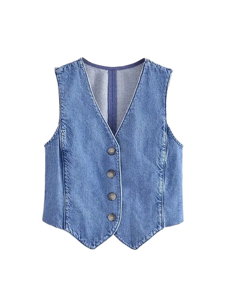 Women Fashion Front Button Denim Waistcoat Vintage V Neck Sleeveless Female Outerwear Chic Vest Tops