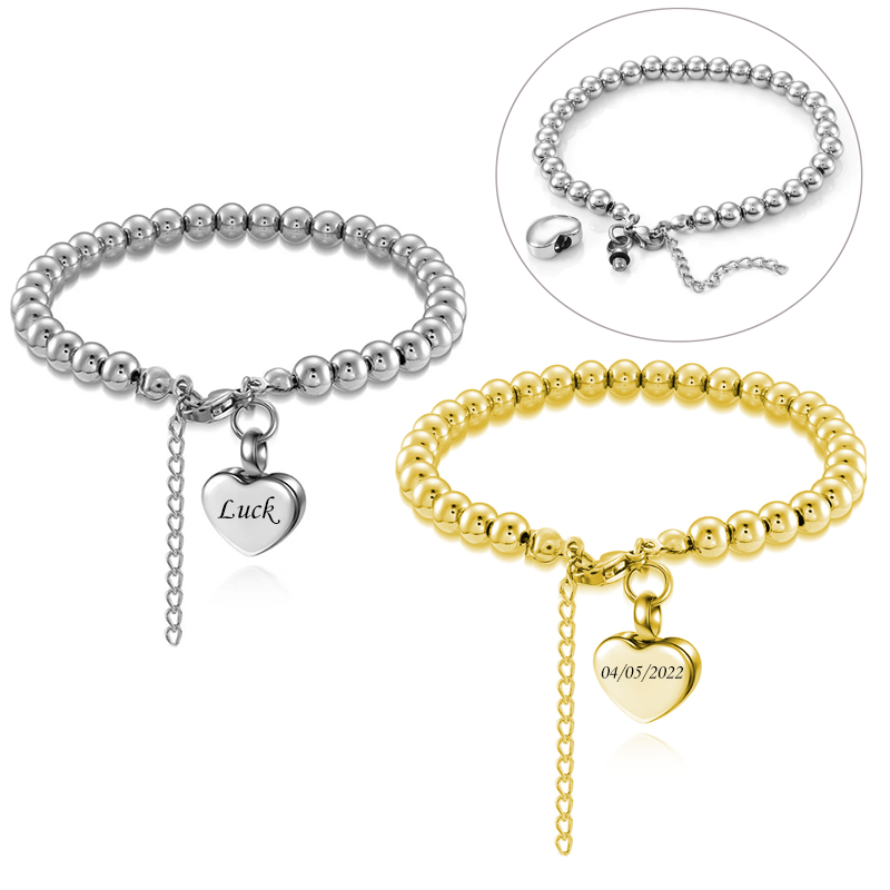 Porte-cendres en forme de cœur en acier inoxydable gravé personnalisé, Bracelet de crémation, souvenir commémoratif, Bracelet de perles, Jewrley pour femmes