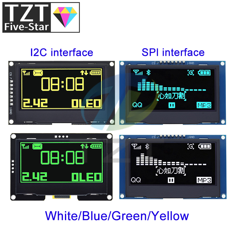 TZT 2,42 "2,42 pulgadas pantalla LCD blanco amarillo 128x64 módulo de pantalla OLED IIC I2C SPI serie para C51 SPD0301