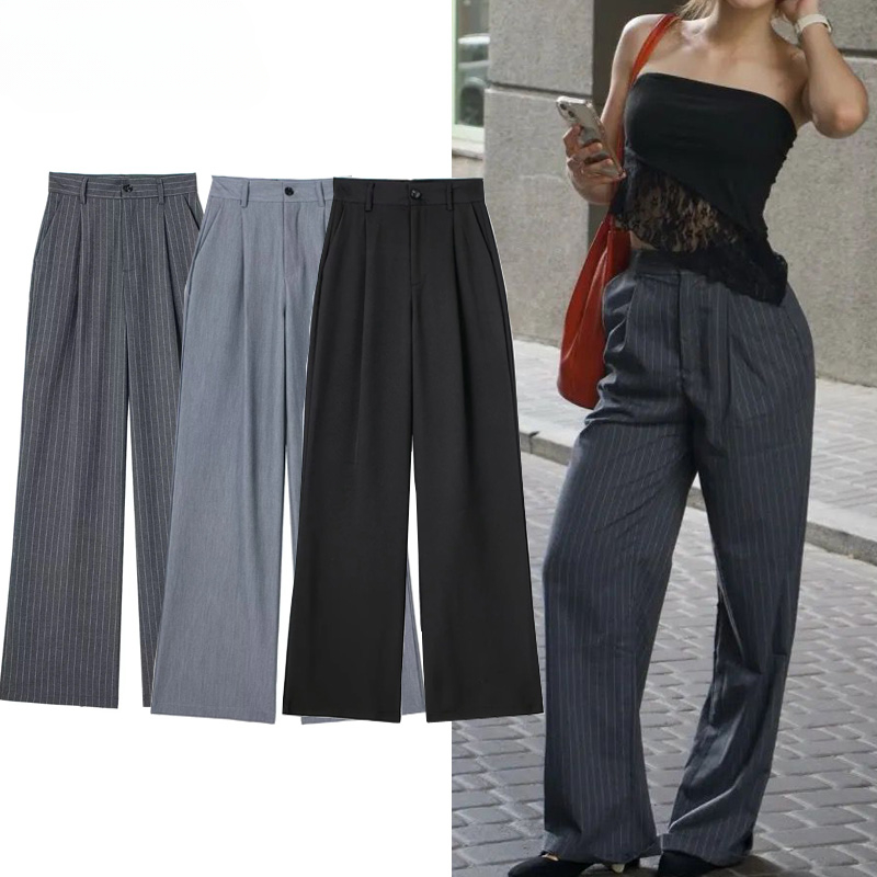 Asds calças formais femininas escritório wear feminino listrado cinza preto calças mulher cintura alta baggy terno calças casuais calças de perna larga