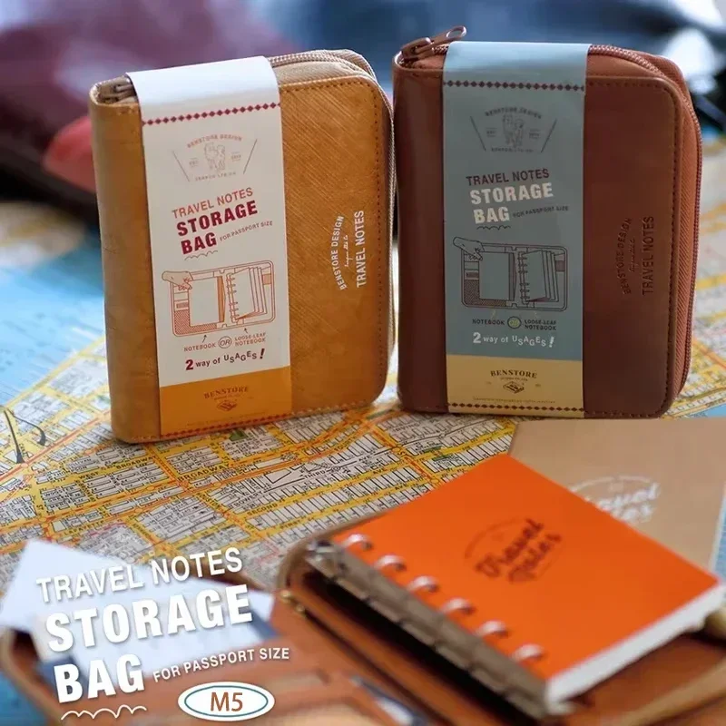 Fromthenon-Cuaderno de viaje portátil de cuero con cremallera, diario M5, bolsa de almacenamiento con cremallera para cuaderno de hojas sueltas, suministros de papelería