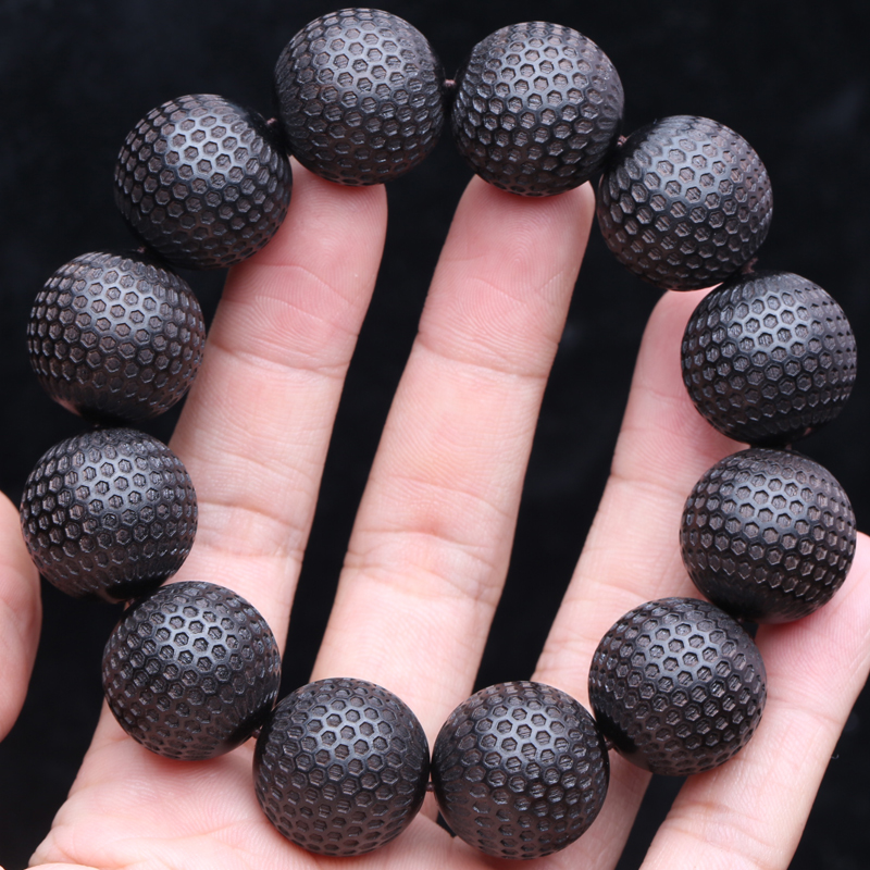 Pulsera de cuentas de madera de ébano Natural de 20mm, pulsera elástica de buena suerte tallada en negro con cuentas para hombre