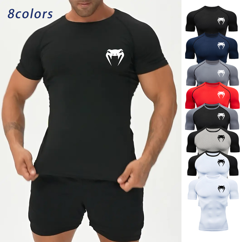 ผู้ชายเสื้อรัดกล้ามเนื้อฟิตเนสงูพิมพ์เสื้อด่วนแห้ง Rashguard แขนสั้นกีฬา Jogging Tops Tees ฤดูร้อน