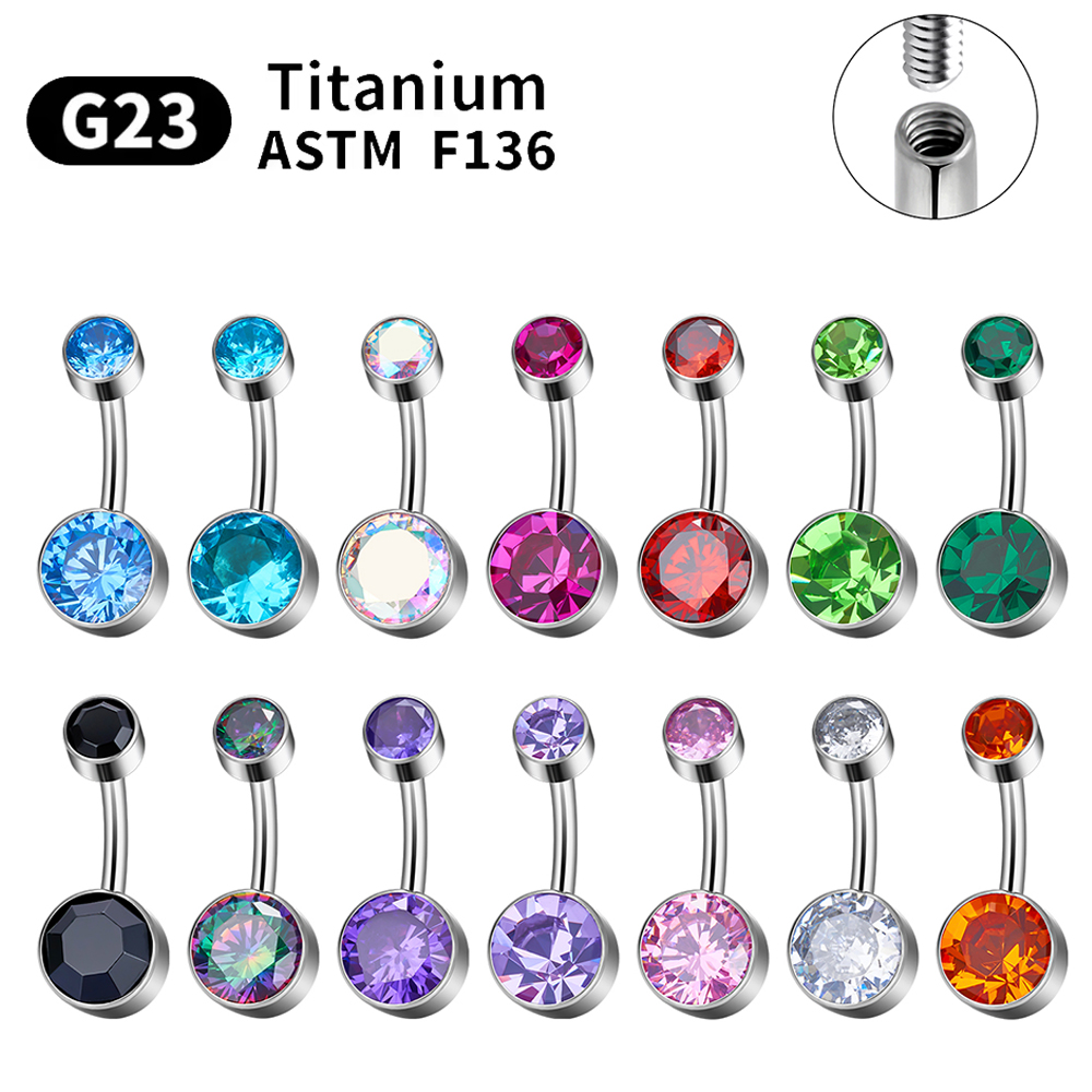 Anéis de botão de piercing de barriga g23 titânio astm f136 14g joias corporais com rosca interna anel de umbigo brincos de zircônia zircão