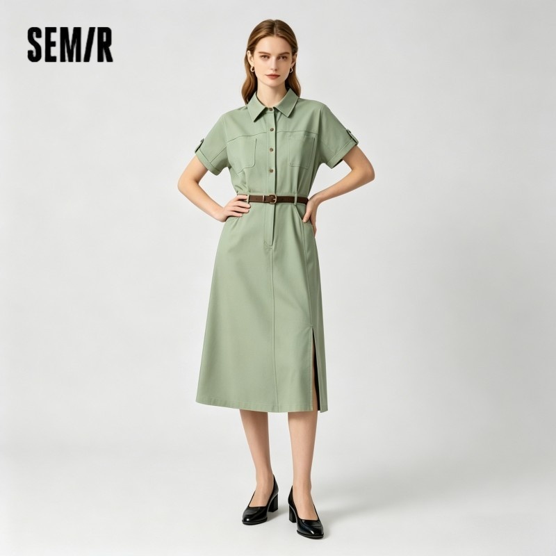 Semir Damen Hemdkleid mit Kragen aus Baumwolle, Schlitz, Midi-Länge, Gürtel, schmal geschnitten, Vintage Urban Workwear 2026 Sommer Mode Büro-Oberteil