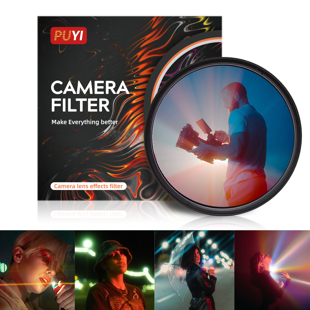 PUYI penyebaran biru pelangi lembut warna-warni oranye hitam kabut Streak Filter Flare lilin terang FX 55 58 62 67 72 77 82mm Filter