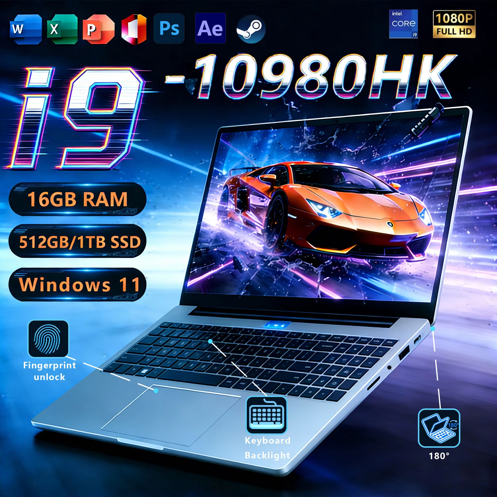 Portátil Core i9-10980HK con 16GB de RAM, SSD de 1TB/2TB, teclado retroiluminado, función de desbloqueo por huella dactilar, portátil de doble uso para juegos y negocios