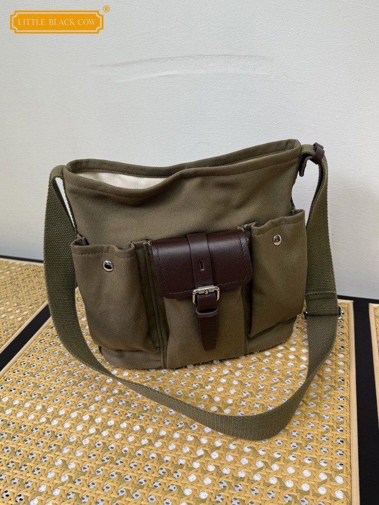 Nouveau sac seau en cuir véritable et toile pour femme, sac à main décontracté à bandoulière unique, sac messager multi-poches tendance
