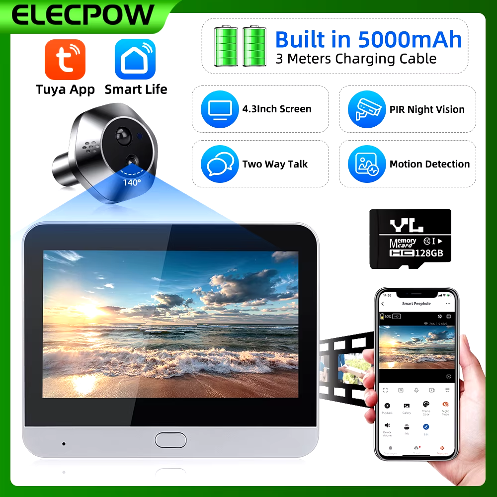 Elecpow 4,3-дюймовый дверной звонок Tuya, камера Wi-Fi 1080P, дверная камера с глазком, PIR, ночное видение, обнаружение движения, дверной просмотрщик видеоглазок