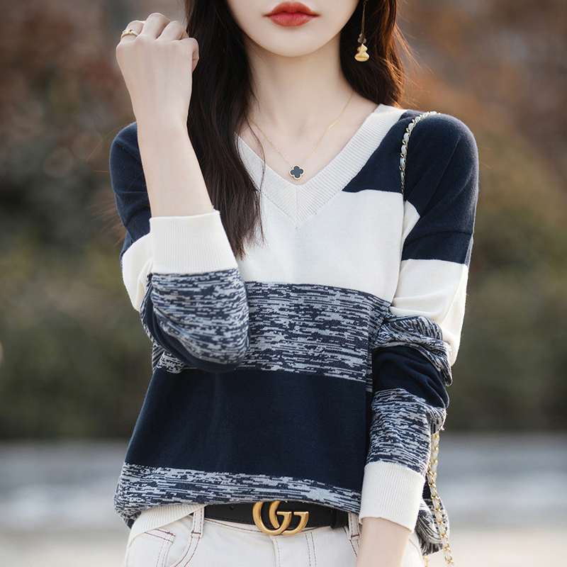 Pullover a maniche lunghe con scollo a v da donna 100% cotone maglione a contrasto a righe colorate autunno inverno camicia a maglia Top