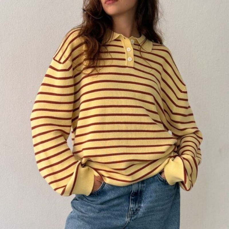 Y2k-suéter Vintage de punto acanalado con cuello a rayas, Jersey holgado de manga larga, Tops de punto, ropa informal para invierno y otoño 2025