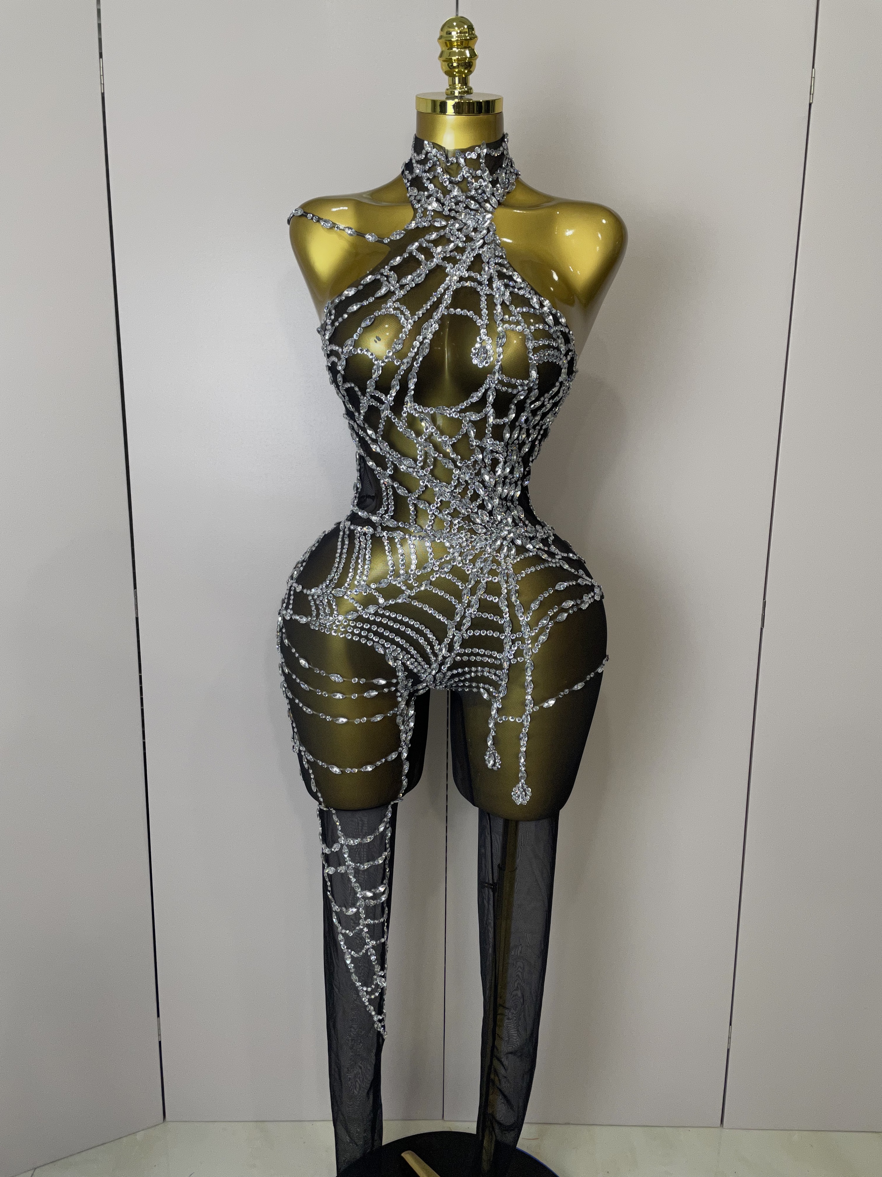 LAGER 2025 Frauen Sparkly Diamant Sexy Mesh Overall Nachtclub Bar Party Zeigen Gogo Tänzerin Kleidung Drag Queen Outfit Bühne Kostüm