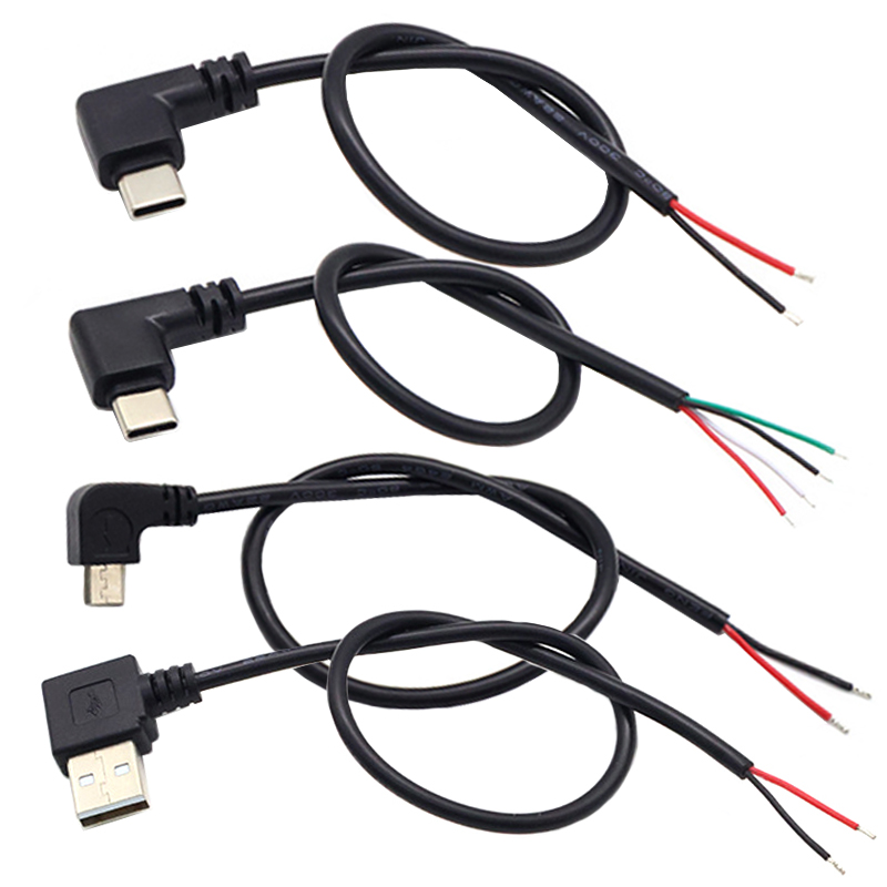 1 шт. 2-контактный 4-контактный разъем для зарядного устройства Micro USB/Type C USB 2.0 Тип A Угловая головка Мужской удлинительный кабель питания DIY Линия передачи данных