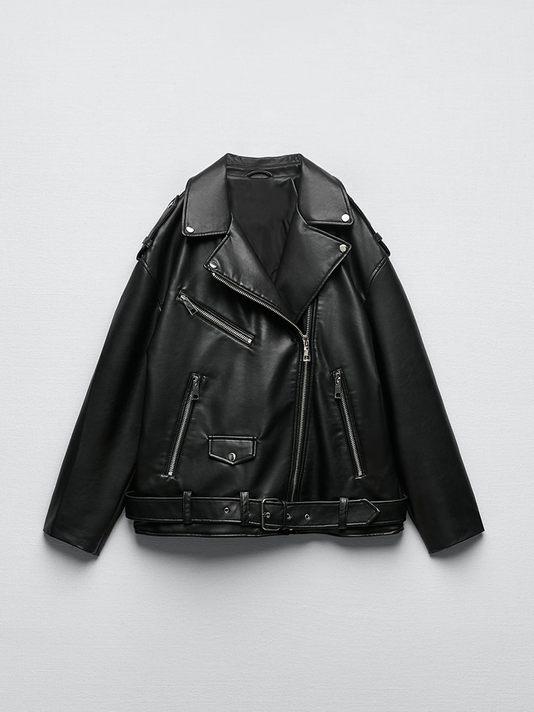 Ailegogo femmes ample moto motard noir Pu Faux cuir veste avec ceinture printemps automne femme manteau à glissière vêtements d'extérieur