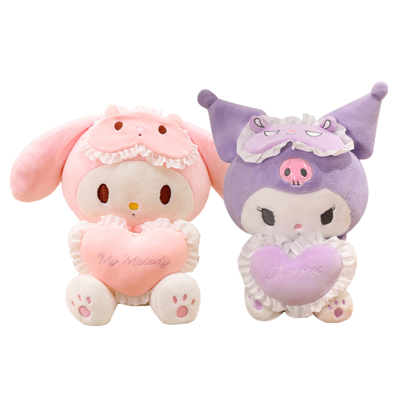 Masker Mata lucu Kuromi/Melody mainan bantal dekoratif mewah hati cinta boneka anak perempuan hadiah ulang tahun Natal
