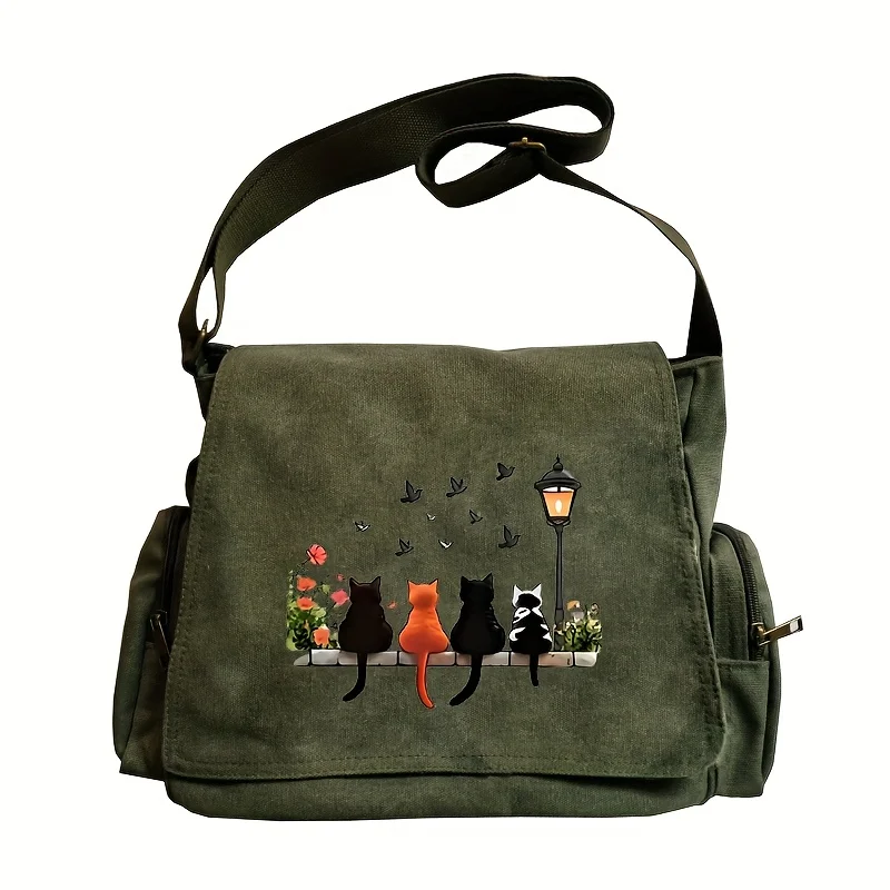 Schoudertas met grote capaciteit, retro crossbodytas met een patroon Vier katten die op tafel zitten, geschikt winkelcadeau voor Peter