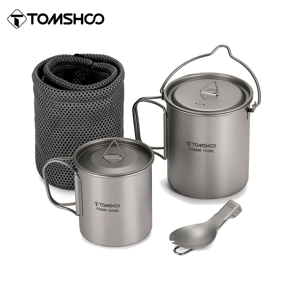 Tomshoo Set peralatan masak Titanium, 3 buah panci ultra ringan 750ml cangkir air 450ml dengan tutup lipat untuk luar ruangan berkemah Backpacking