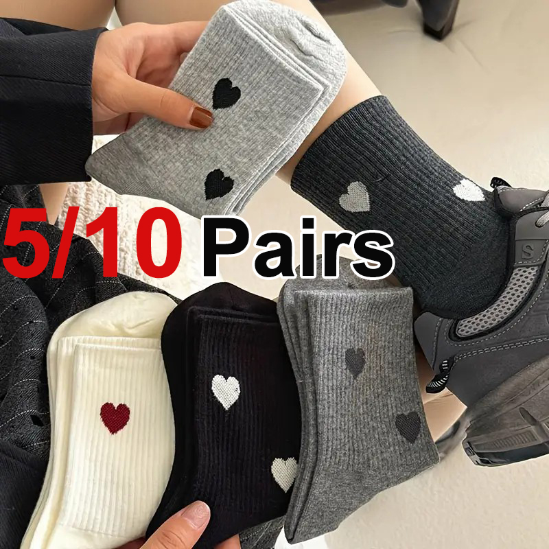 5/10 Pairs Women Heart-Shaped Pattern Middle Tube Socks Fashionable Printing Soft Comfortable Sweat Absorbing Breathable Socks