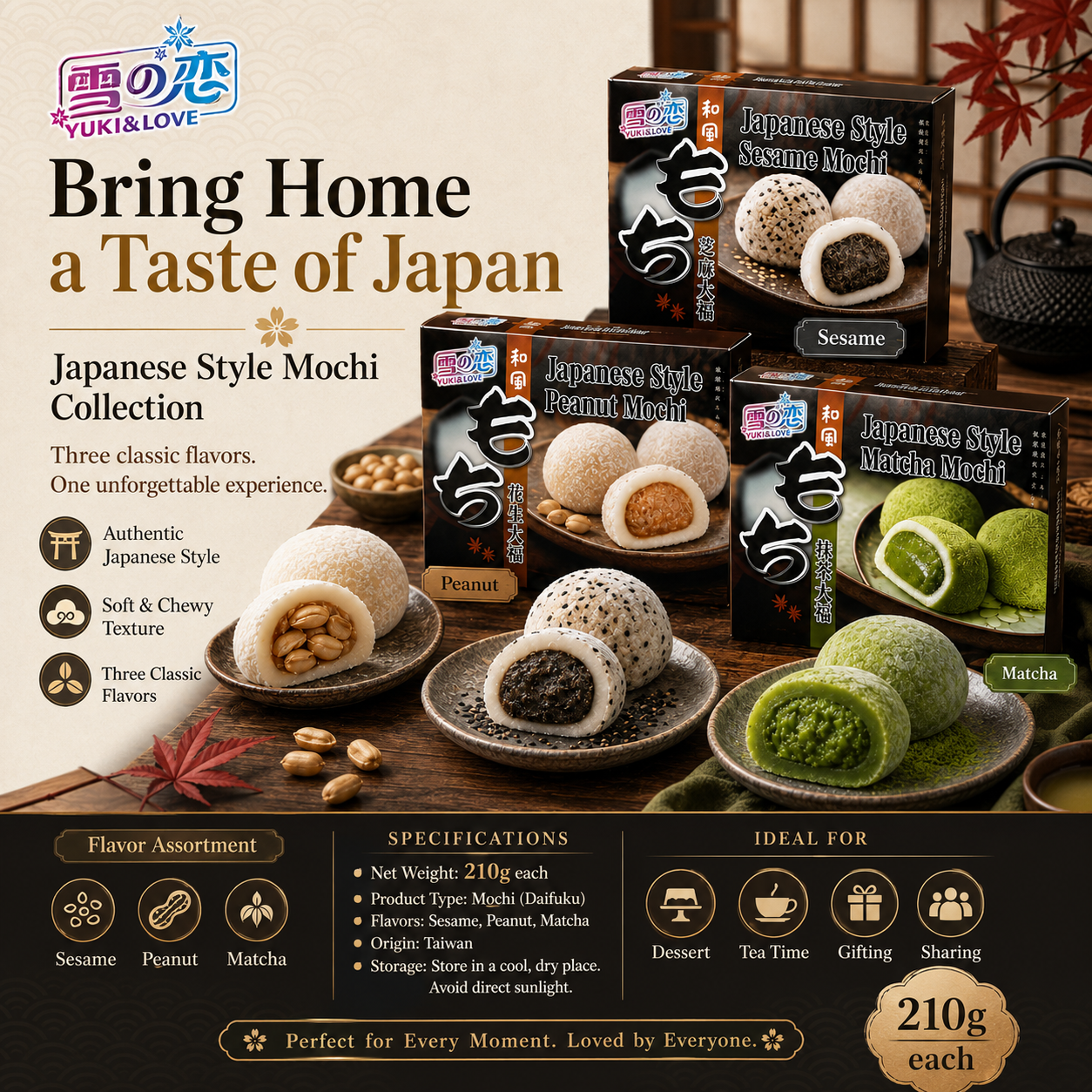 Auténtico Mochi Daifuku Japonés con Sésamo, Pastel de Arroz Glutinoso Masticable con Relleno de Sésamo Aromático, Caja de Regalo de 210g