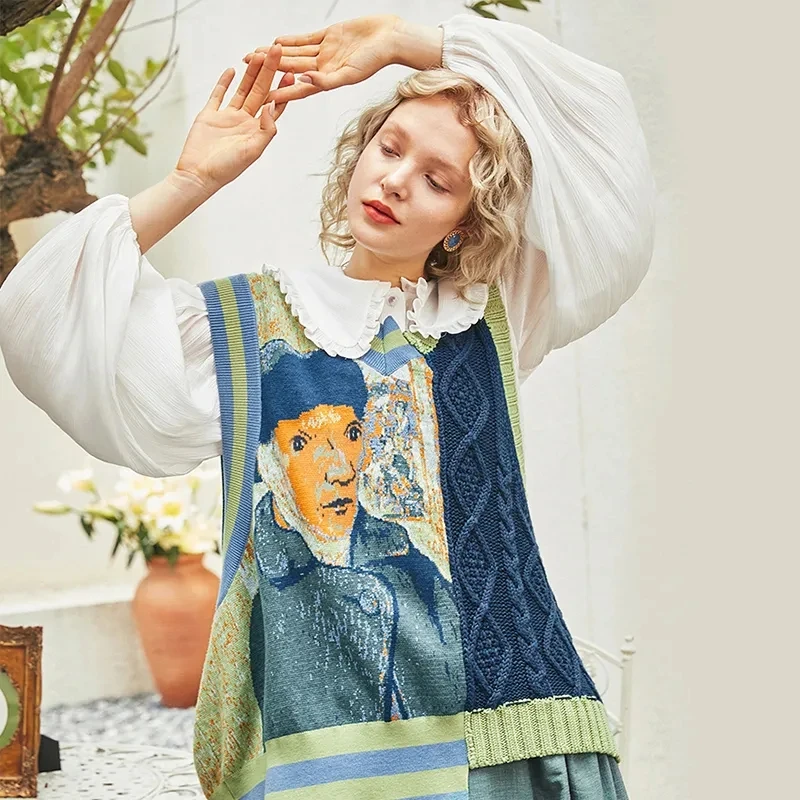 Chaleco de punto Vintage para mujer, abrigo holgado sin mangas con cuello en V, suéter de retales Harajuku para mujer, camisetas sin mangas de gran tamaño