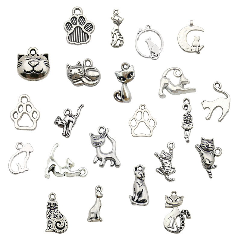 50 pièces de bijoux tibétains en argent sur le thème du chat, Bracelets, colliers, pendentifs, accessoires de bricolage, vente en gros