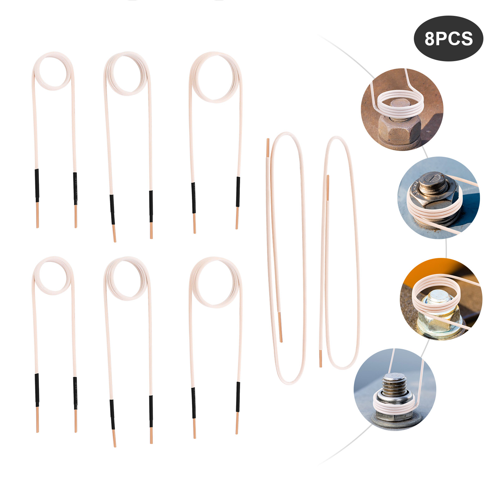 Bobina de aquecimento de 8 peças com fio de cobre e tubo de cera branca, bobina de aquecedor de indução, resistente ao calor até 700 ℃ , para processamento de metal