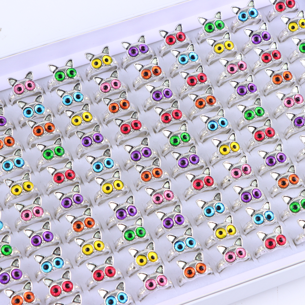 10/20/30/50Pcs/Lot Vintage Punk Colorful Owl Eyes Cats Dogs Opening Rings Śmieszna biżuteria damska Party Decor Gift Regulowany rozmiar
